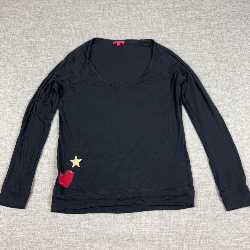Betsey Johnson T-Shirt Womens M Black Scoop Long Sleeve Glitter Heart Star Top